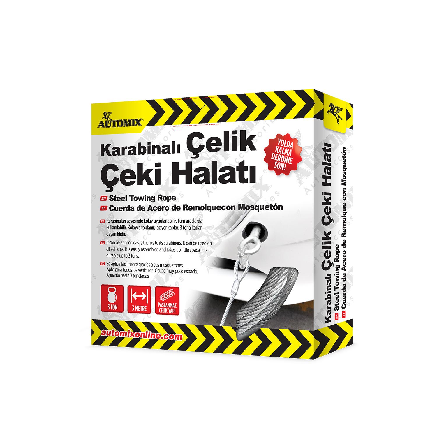 Automix Karabinalı Çelik Çekme Halatı 3 Ton / 3 MT - Oto Dış Aksesuar